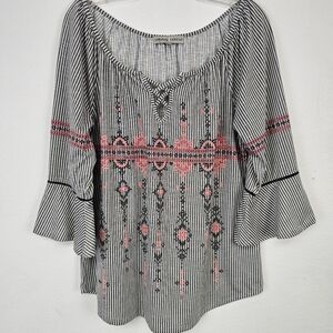 Absolutely Famous Tunic Floral & Stripe Top 3/4 Bell Sleeve Sz L Cottagecore